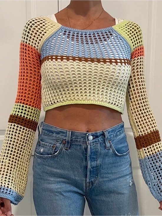 Urban Outfitters Tops - Urban Outfitters Open Knit Crochet Bell Sleeve Crop Sweater SP Boho Colorblock